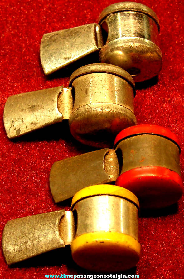 (4) 1930s Cracker Jack Pop Corn Confection Tin Metal Toy Prize Whistles