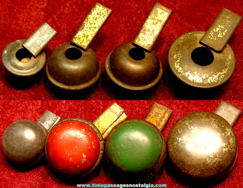 (4) Different Small Old Cracker Jack Pop Corn Confection Tin Metal Toy Prize Whistles