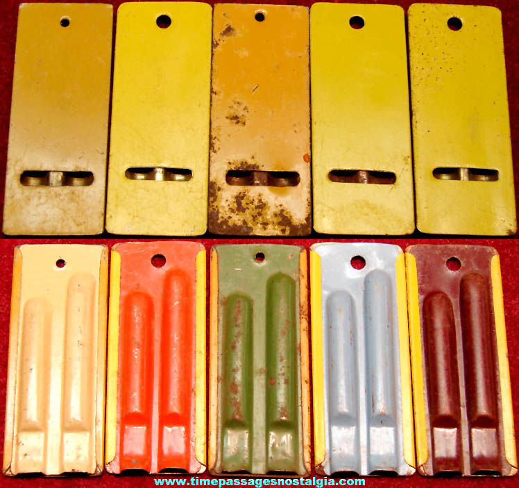 (5) Different Color 1930s Cracker Jack Pop Corn Confection Tin Metal Toy Prize Two Tone Whistles