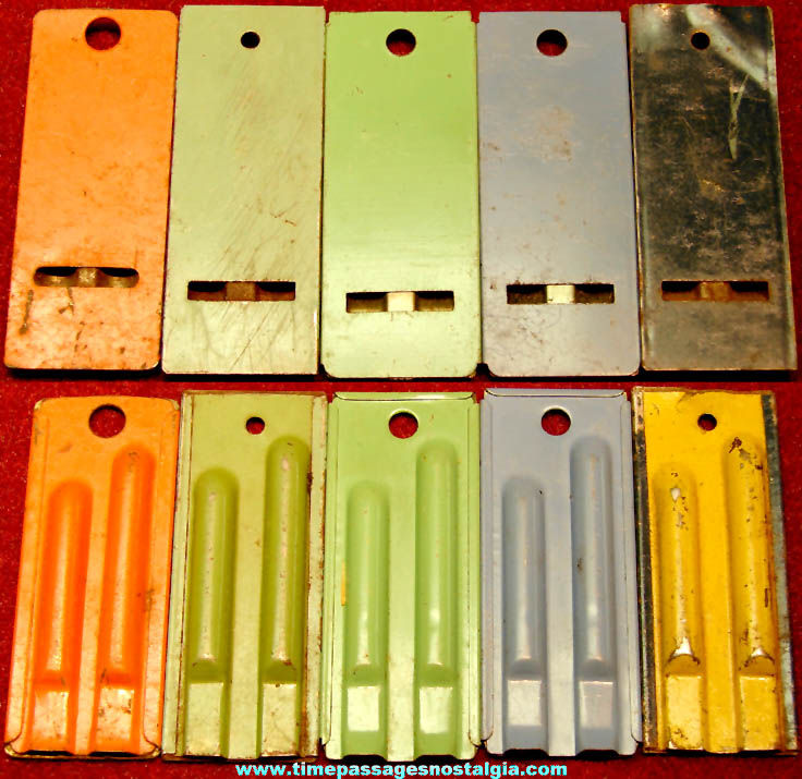 (5) Different Color 1930s Cracker Jack Pop Corn Confection Tin Metal Toy Prize Two Tone Whistles