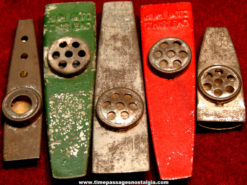 (5) 1930s Cracker Jack Pop Corn Confection Tin Metal Toy Prize Kazoo Type Whistles