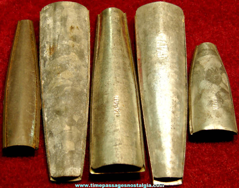 (5) 1930s Cracker Jack Pop Corn Confection Tin Metal Toy Prize Kazoo Type Whistles