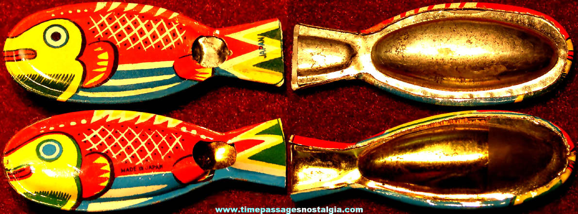 (2) Different Old Cracker Jack Pop Corn Confection Lithographed Tin Toy Prize Fish Whistles