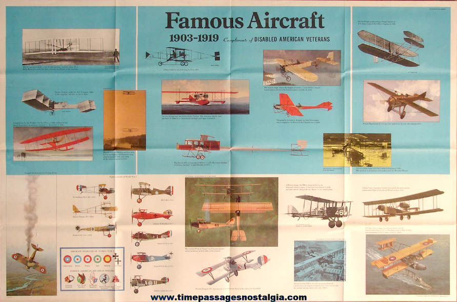 Large Colorful Old Unused Disabled American Veterans Two Sided 1900s to 1970s Aircraft Chart Poster