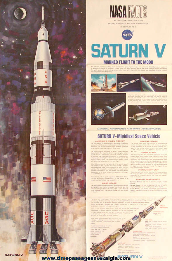 Unused 1967 NASA Facts United States Saturn V Apollo Rocket Space Educational Poster