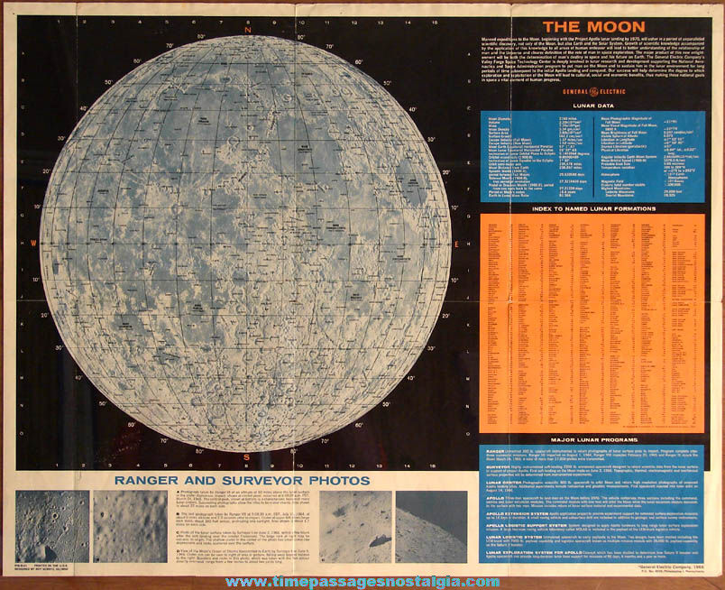 Large 1966 General Electric The Moon Space Astronaut Educational Poster Chart Map