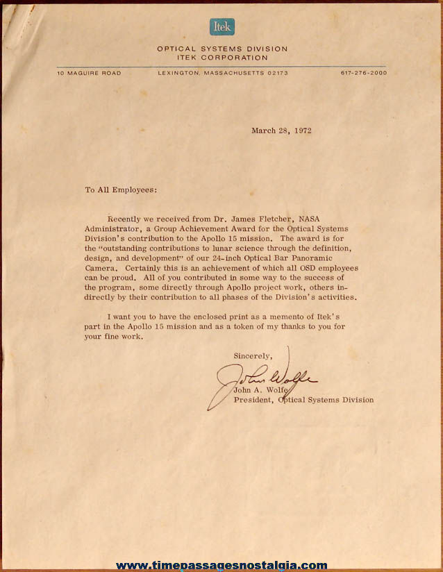 1972 Itek Corporation NASA Apollo 15 Award Letter & Aristarchus Moon Crater Print