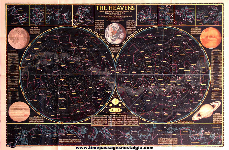 Detailed Unused Two Sided ©1970 National Geographic Society Map of The Heavens with Star Charts