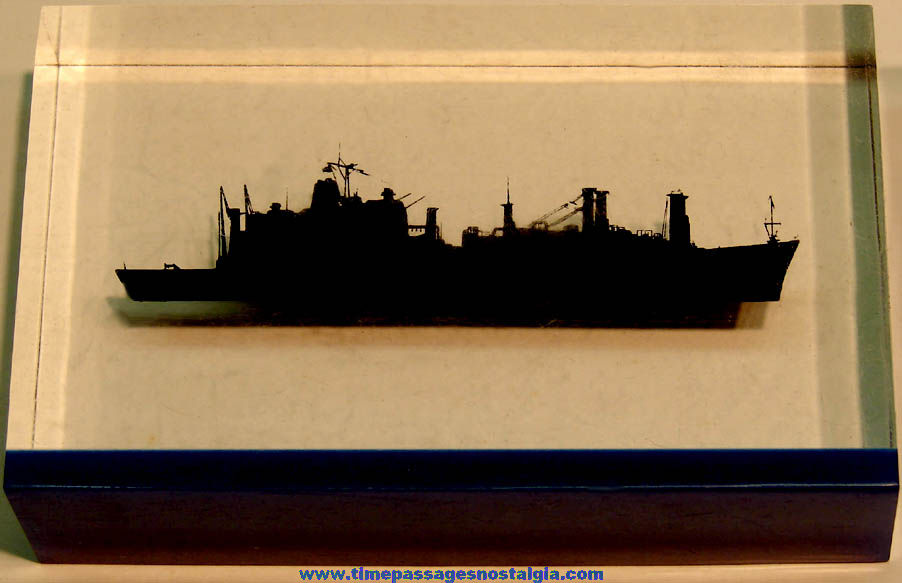 Old Lucite Block or Paper Weight with United States Navy Ship Silhouette Inside