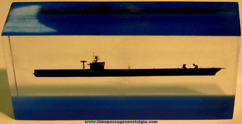 Old Lucite Block or Paper Weight with United States Navy Ship Silhouette Inside