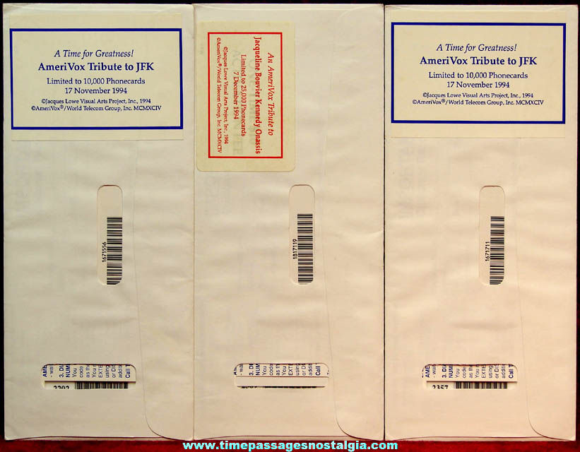 (3) Unopened Unused & Signed ©1994 John F. Kennedy & Jacqueline Kennedy Onassis Phone Cards