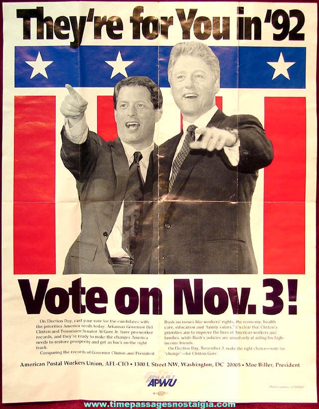 1992 American Postal Workers Union Bill Clinton & Al Gore United States Political Presidential Campaign Poster