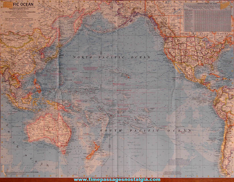 1969 National Geographic Society Two Sided Pacific Ocean Floor Map