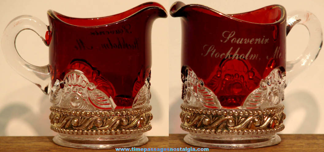 Old Stockholm Maine Advertising Souvenir Miniature Ruby Red & Gold Glass Creamer Pitcher