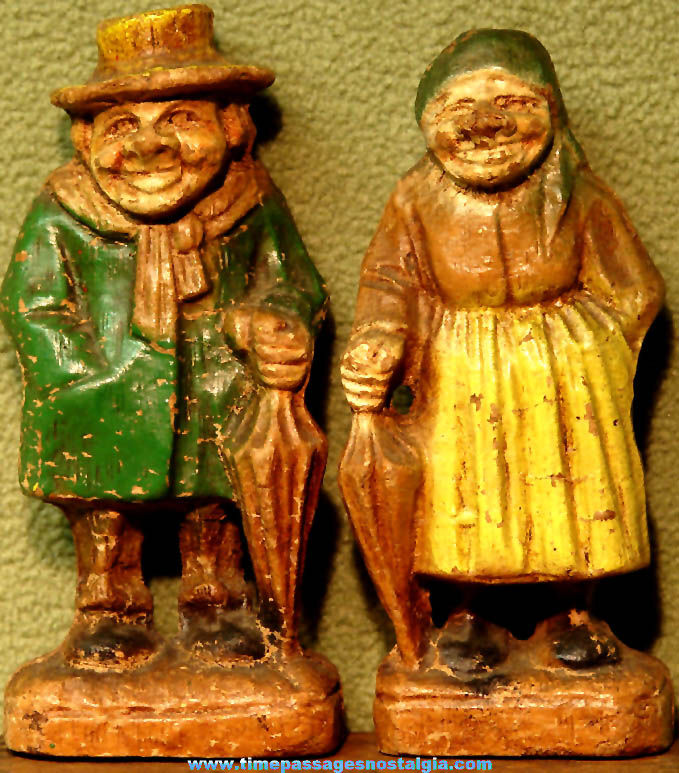 Old Molded Syroco Wood Old Woman & Man Character Couple Figures with Umbrellas