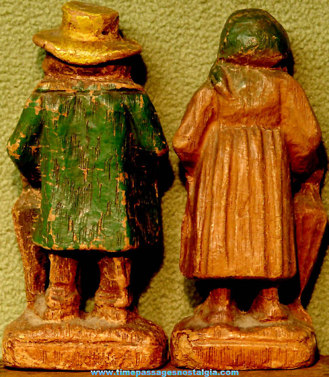 Old Molded Syroco Wood Old Woman & Man Character Couple Figures with Umbrellas