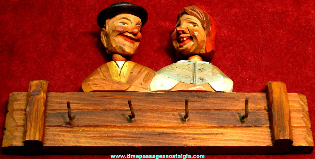 Small Old Carved & Painted Wooden Woman & Man Character Couple Figure Hook Rack