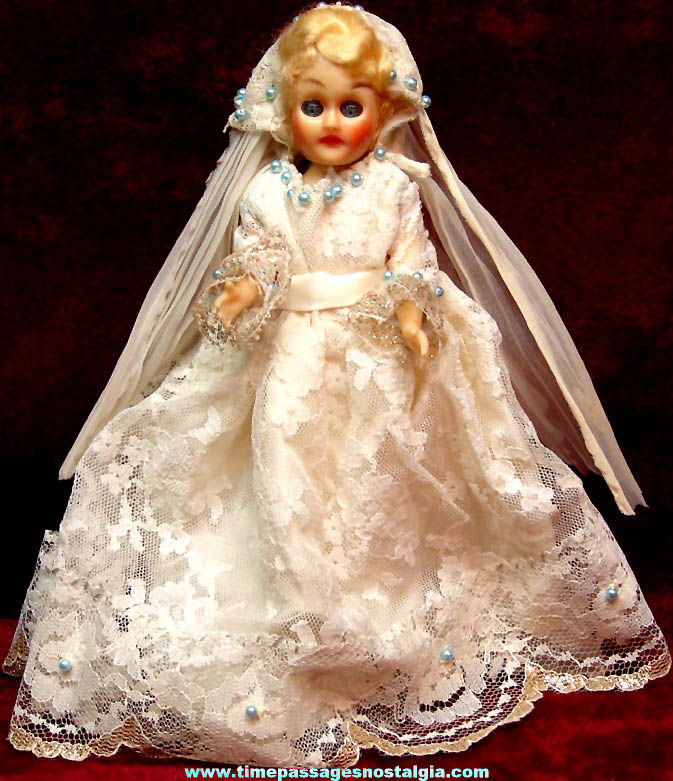 Small Old Hard Plastic Toy Bride Doll in Wedding Dress with Moving Eyes
