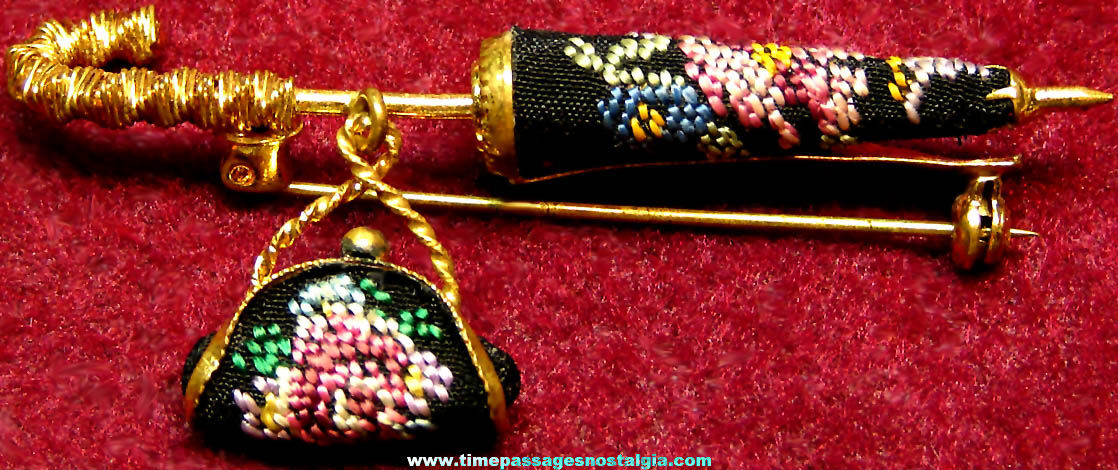Colorful Old Jewelry Pin with Miniature Needlepoint Umbrella & Purse Charm