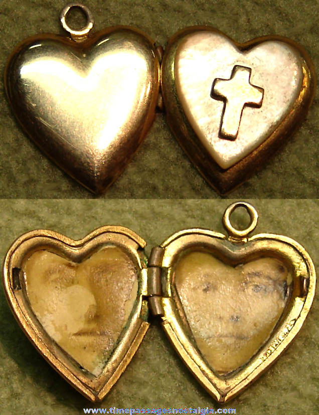 Small Old Gold Filled Religious Mother of Pearl Heart Locket Pendant Charm with Photographs