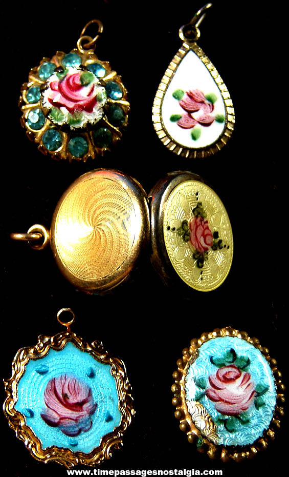 (5) Different Small Old Painted Rose Necklace Pendants & Locket Charm