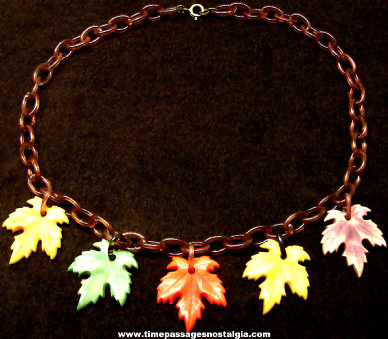 Colorful Old Celluloid or Bakelite Autumn Leaves Jewelry Necklace