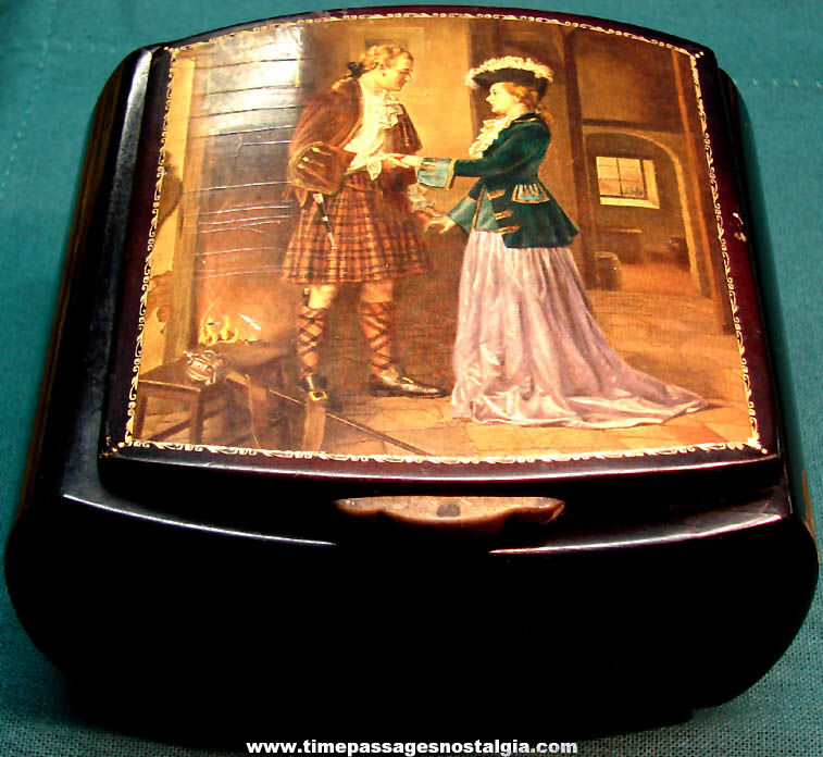 Old Wooden Victorian Scene Musical Jewelry Box