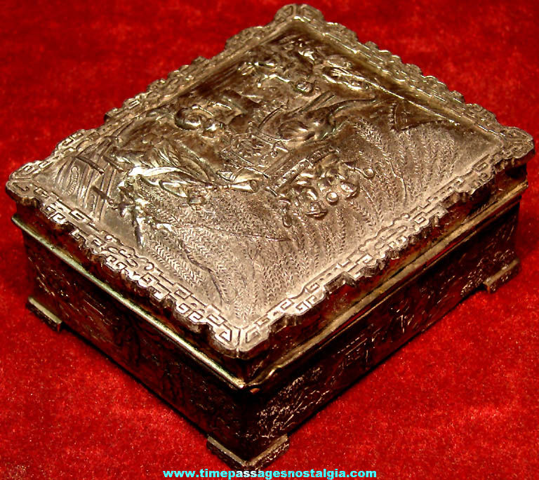 Old Japanese or Asian Scenic Wood Lined Metal Jewelry or Trinket Box