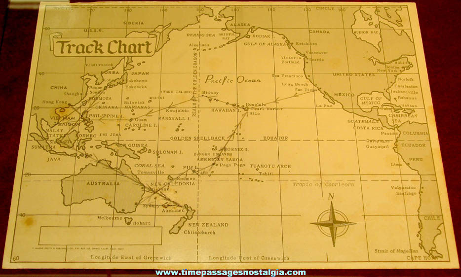Old United States Navy Ship West Pac Cruise Track Chart Map