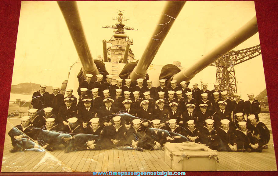 Old United States Navy Battleship & Sailors Black & White Photograph