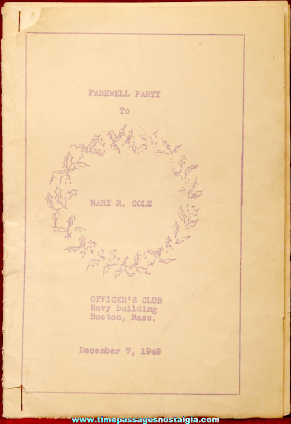 1949 Officer’s Club Navy Building Boston Massachusetts Farewell Party Song Booklet