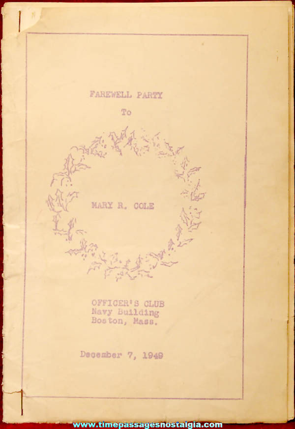 1949 Officers Club Navy Building Boston Massachusetts Farewell Party Song Booklet