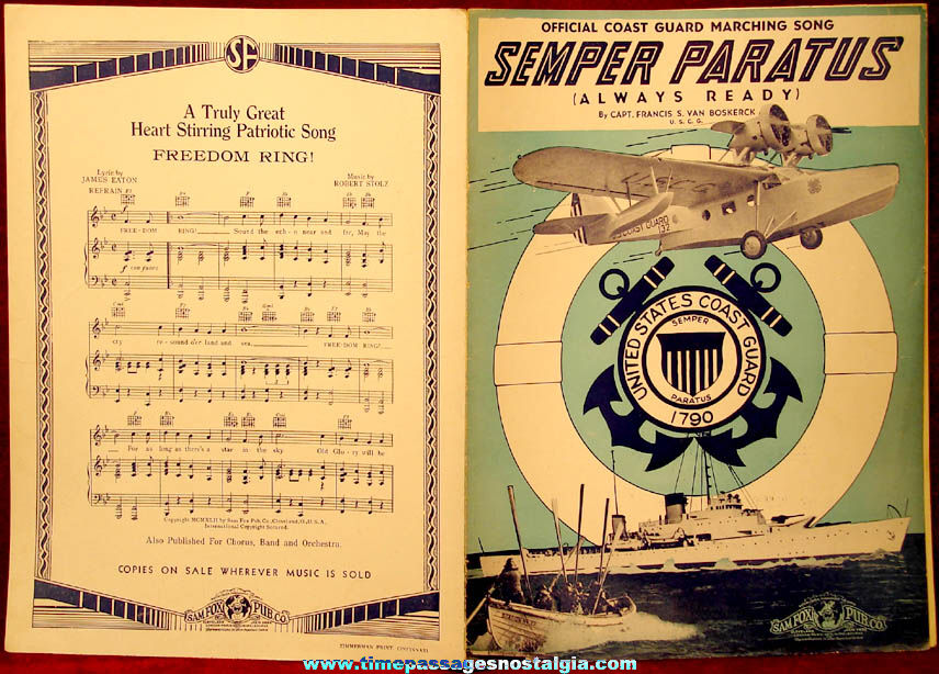 1938 Official United States Coast Guard Marching Song Semper Paratus & 1942 Freedom Ring Sheet Music