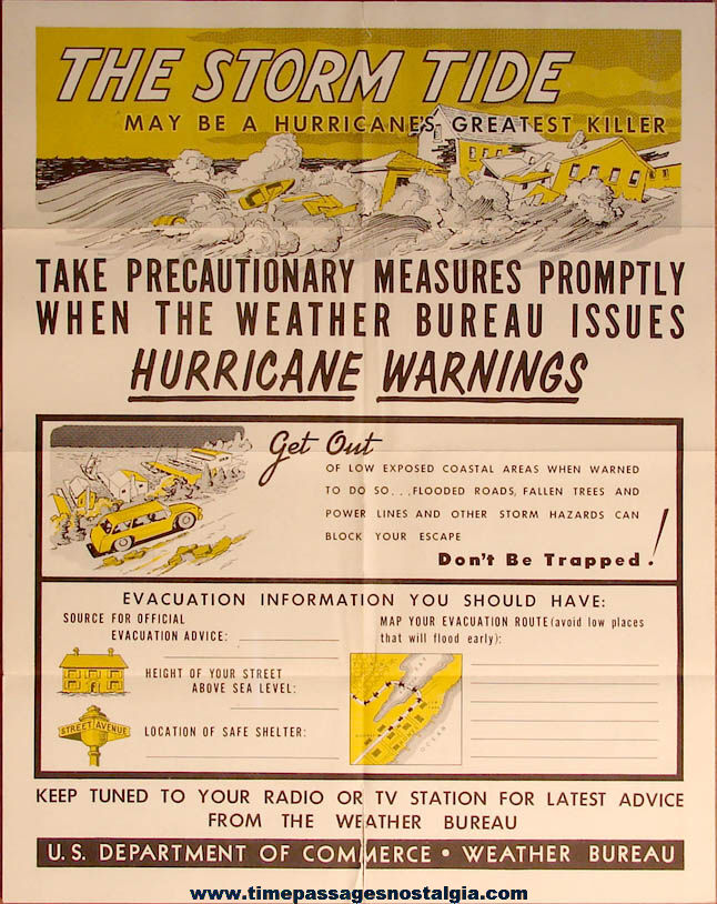 Old U.S. Department of Commerce Weather Bureau The Storm Tide Hurricane Warning & Educational Poster