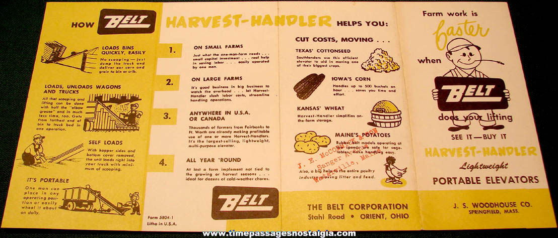 Old J. S. Woodhouse Company Belt Harvest Handler Portable Elevator Advertising Brochure