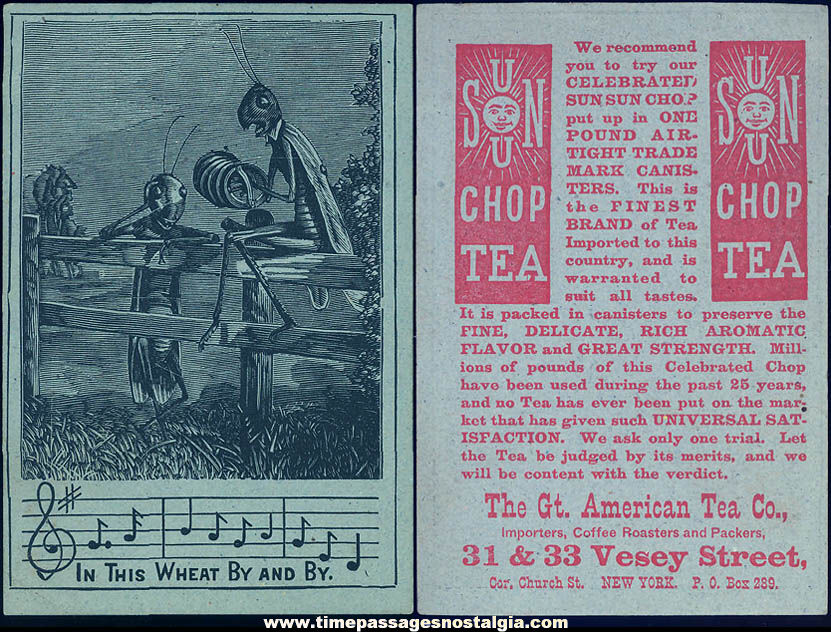 Old Great American Tea Company Sun Sun Chop Tea Advertising Premium Grasshopper Insect Trade Card