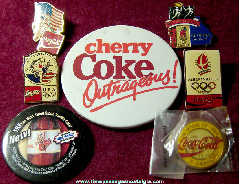 (7) Different Old Coca Cola Soda Advertising Pins and Pin Back Buttons