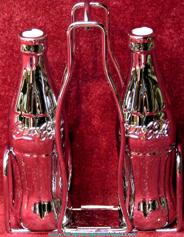 1998 Coca Cola Advertising Soda Bottle Salt & Pepper Shaker Set with Caddy