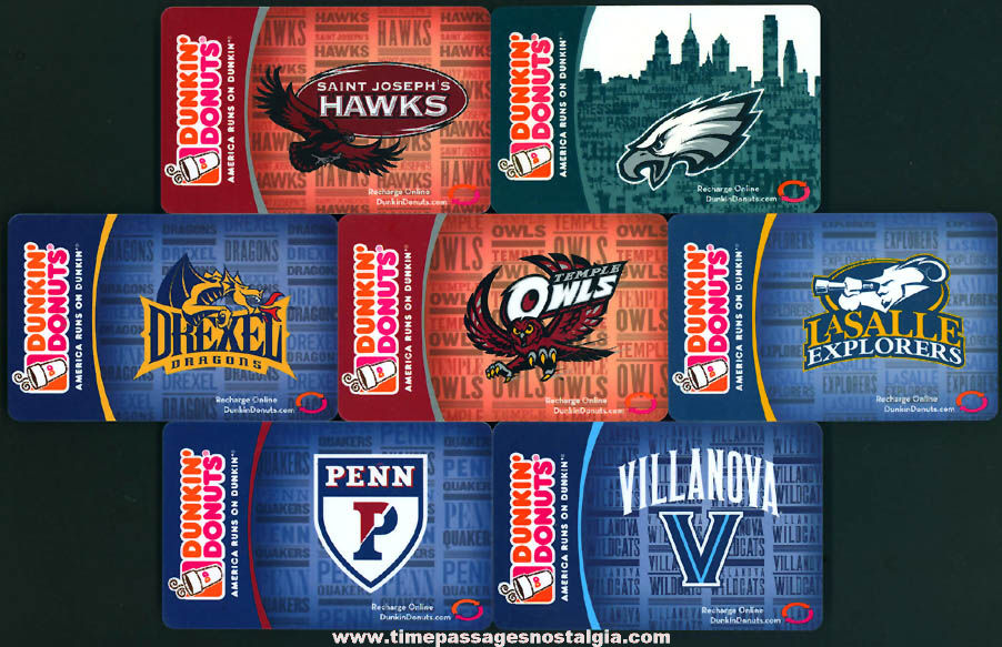 (7) Different Colorful Philadelphia Pennsylvania College Sports Dunkin’ Donuts Restaurant Advertising Gift Cards