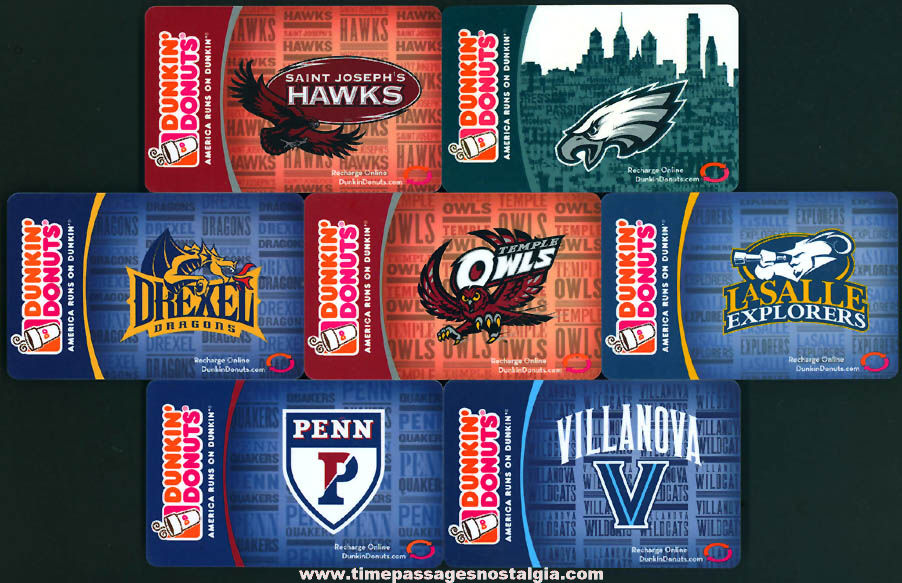 (7) Different Colorful Philadelphia Pennsylvania College Sports Dunkin Donuts Restaurant Advertising Gift Cards