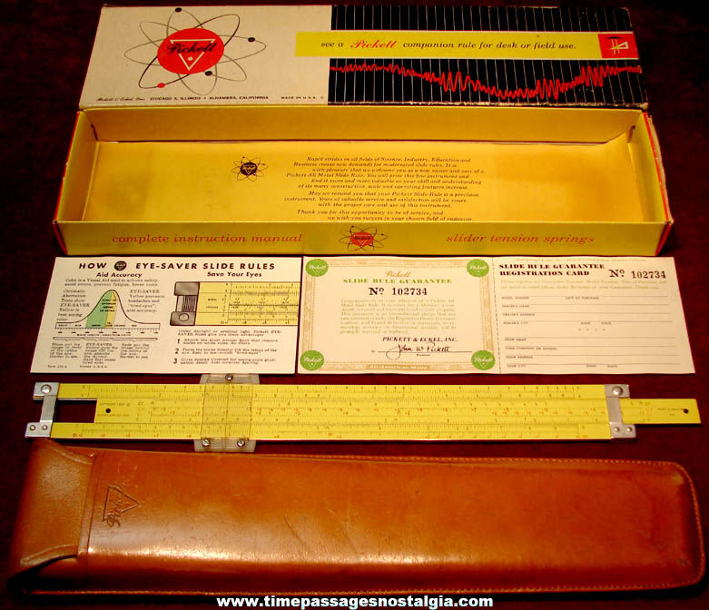 Boxed ©1959 Pickett & Eckel Slide Rule with Leather Case & Paperwork