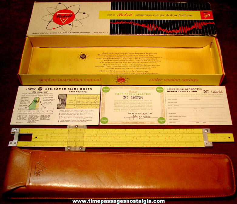 Boxed 1959 Pickett & Eckel Slide Rule with Leather Case & Paperwork