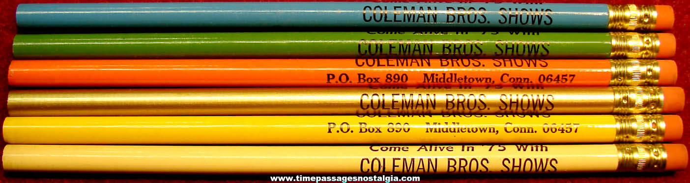 (6) Unused Different Color 1975 Coleman Brothers Shows Advertising Souvenir Pencils