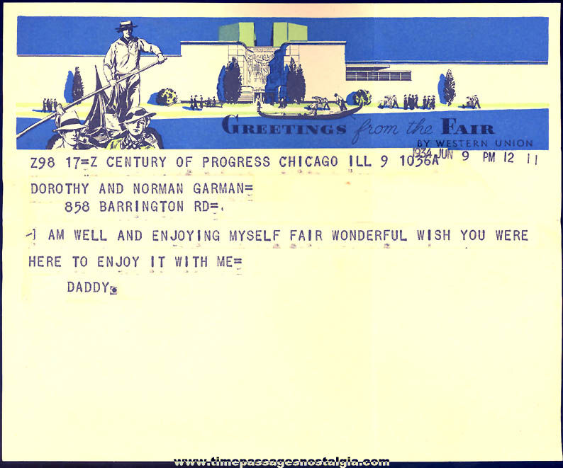 1933  1934 Century of Progress Chicago World’s Fair Advertising Paper Telegram