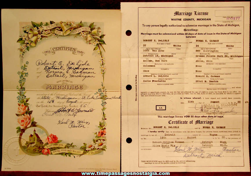 Matching 1955 Wayne County State of Michigan Marriage License & Certificate
