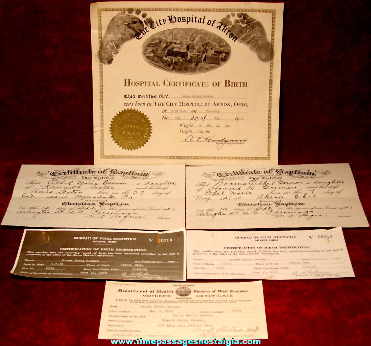 (6) Original 1931 Family Birth & Baptism Certificates