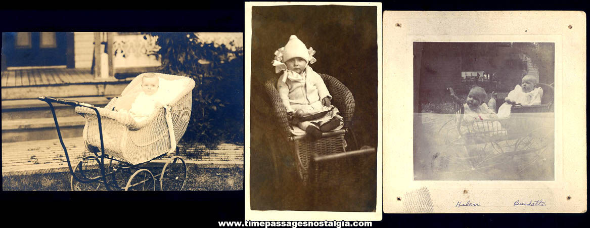(6) Different Old Babies In Wicker Carriages or Buggies Photographs