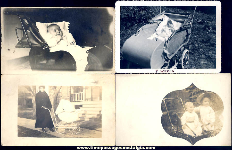 (7) Different Old Babies In Carriage Buggy or Stroller Photographs