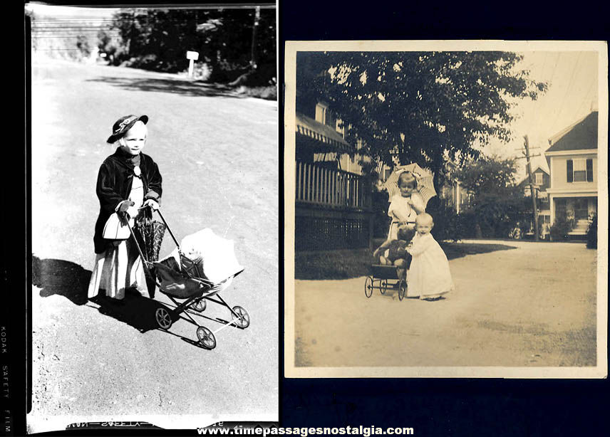 (2) Different Young Girls With Old Toy Baby Doll Carriage Buggy or Stroller Photographs