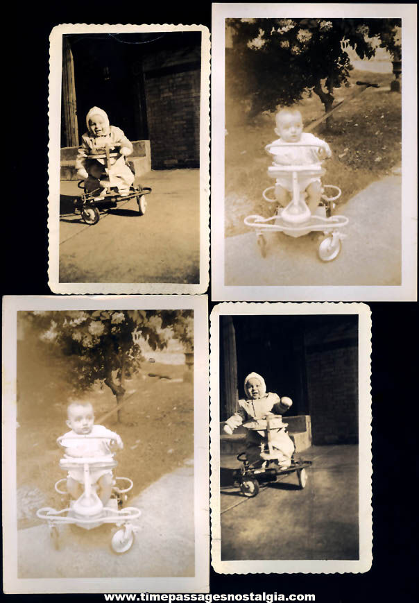 (7) Old Photographs of Toddler Children In Old Vintage Riding Walkers